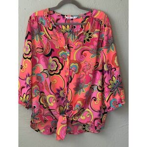 Peter Nygard Pink Floral Paisley Tie Front Blouse 3/4 Sleeve V-Neck L